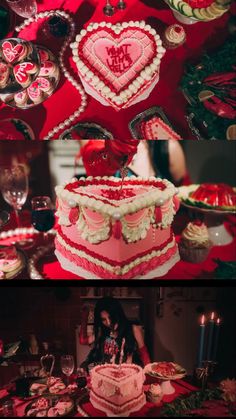 two pictures of a heart shaped cake on top of a table with plates and glasses