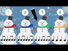 three snowmen with hats, scarfs and musical notes