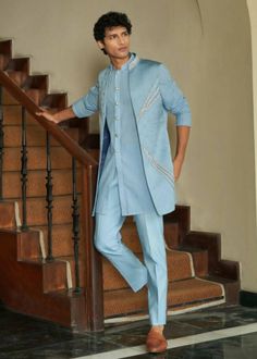 Ethereal Blue Shrug Set Blue Shrug, Indian Wedding Clothes For Men, Ethereal Blue, Wedding Kurta For Men, Groom Dress Men, Gents Kurta Design, Gents Kurta, Kurta Men, Kurta Set For Men