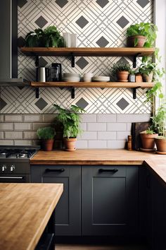 some plants are sitting on shelves in the corner of a kitchen with wood counter tops