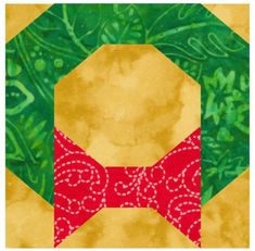 a green and yellow background with a red bow tie on the top of an ornament