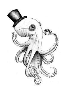 an octopus with a top hat and eye glasses on it's head, holding a pipe