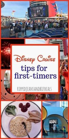 disney cruise tips for first - timers with images of food and fireworks in the background