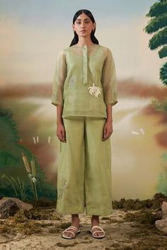 Shop for FEBo6 Green Silk Organza Placement Embroidered Tunic for Women Online at Aza Fashions Placement Embroidery, Tunics Online, Floral Trousers, Organza Top, Green Tunic, Silk Tunic, Top And Pants Set, Indian Fashion Designers, Top Pants Set