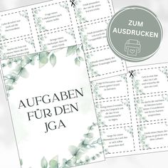 the front and back cover of an open book with green leaves on it, in german