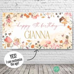 a birthday card with the words happy birthday giana in gold and pink, surrounded by flowers