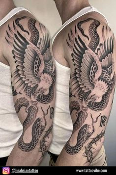 two men with tattoos on their arms, one has an eagle and the other is a snake