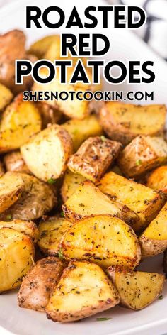 roasted red potatoes on a white plate with text overlay