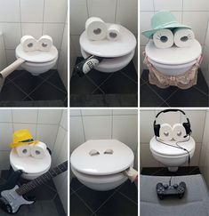 several pictures of toilet with various faces and headphones on it, including one wearing a hat