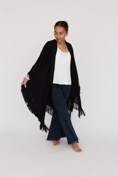 Go With The Flow Ruana - Black | Three Bird Nest Velvet Fringe Kimono, Wide Leg Overalls, Ruana Wrap, Velvet Fringe, Cute Fringe, Fringe Kimono, Kimono Sweater, Go With The Flow, Hooded Cardigan