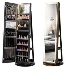 a large mirror sitting on top of a wooden stand next to a shelf filled with cosmetics