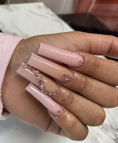 Light Pink Long Acrylic Nails, Nude Nails With Diamonds, Long Nails Pink, Simple Acrylic Nails