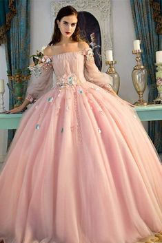 Flowers Prom Dress, Pink Ball Gown, Tulle Party Dress, Dress With Flowers, Floral Prom Dresses, Tulle Evening Dress, Long Sleeve Prom, Quinceanera Dress, Party Dress Long Sleeve