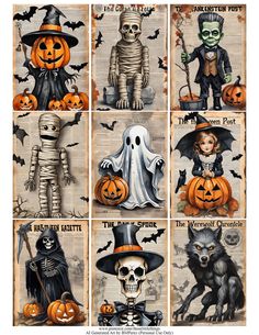 halloween poster with pumpkins, ghost and skeletons on it's sides in different styles