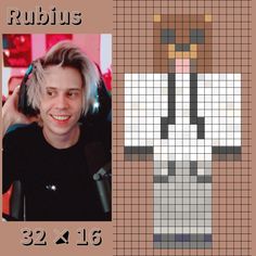 a cross - stitch photo of a man with headphones on and the words rubius in front of him