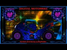 an image of a digital motorcycle in front of a blue and purple background with hearts