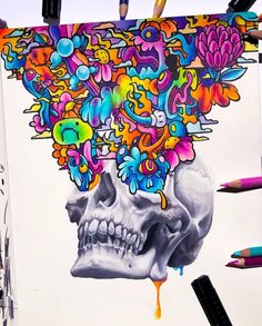 a drawing of a skull with colorful flowers on it's head and dripping paint