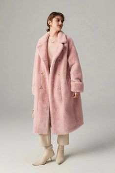 Fibflx Women's Long Double-breasted Pink Faux Fur Coat With Lapel Collar Winter Pink Fluffy Fur Coat, Pink Faux Fur Coat For Winter, Pink Fluffy Long Sleeve Fur Coat, Elegant Pink Fur Coat For Fall, Pink Double-breasted Winter Outerwear, Pink Long Fur Coat For Fall, Chic Pink Faux Fur Coat, Pink Faux Fur Coat, Pink Fur Coat