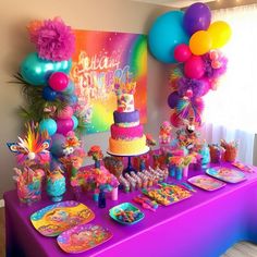 a birthday party with colorful decorations and balloons