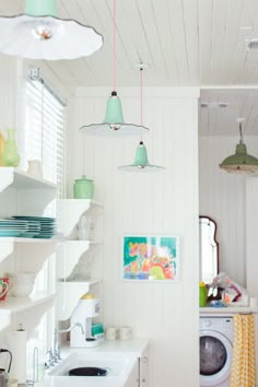 Porcelain Jadite Seaside Pendant Lights from Barn Light Electric, nautical kitchen lighting Cottage Laundry Room, Porcelain Pendant Light, Laundry Room Design Ideas, Beach Style Kitchen, Barn Light Electric, Wave Pendant, Kitchen Lights, Barn Light, Glass Backsplash