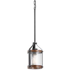 an outdoor hanging light fixture with a clear glass and metal cage on the front side