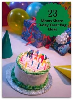 a birthday cake sitting on top of a table next to presents and balloons in the background