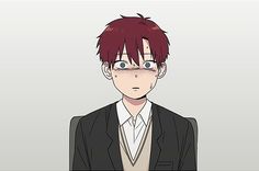 an anime character with red hair wearing a black suit and white shirt, looking at the camera