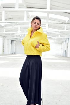 "Yellow Jacket, Crop Jacket, Puffer Jacket ◈ Stylish and chic fashion is our shared dream! You can be sure that this piece is made with a lot of love and craftsmanship. ◈ The pants are available here - https://etsy.me/2SDMWUe ◈ S I Z I N G ◈ This item is available from XS to XXL. Please, have a look at my Size Chart below before placing your order. ◈ D E L I V E R Y ◈ This item will be shipped in up to 5 days after your order was placed. We use Express worldwide shipping for all of our items. Sh Spring Puffer Windbreaker With Long Sleeves, Spring Long Sleeve Puffer Windbreaker, Yellow Long Sleeve Puffer Outerwear, Chic Long Sleeve Puffer Jacket For Spring, Futuristic Jacket, Turtleneck Jacket, Yellow Puffer Jacket, Chunky Jacket, Jacket Crop