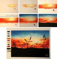 several pictures of different sunsets and clouds in various stages of being painted with watercolors