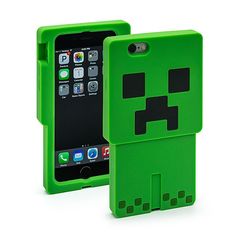 an iphone case made to look like a green creeper with black eyes and teeth