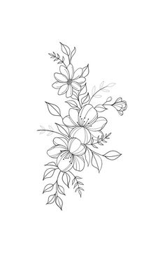 a black and white drawing of flowers on a white background