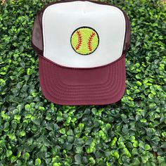 Softball Patch Hats are the perfect accessory for any softball lover! Chenille Softball Patch on a foam Trucker cap adjustable snaps. 100% Polyester mesh back Sporty Mesh Snapback Hat For Baseball Season, White Baseball Cap With Mesh Back, Mesh Snapback Baseball Cap For Baseball Season, White Mesh Snapback Hat For Baseball Season, Sporty Trucker Hat For Game Day With Curved Bill, White Mesh Snapback Hat For Baseball, White Curved Brim Baseball Cap With Mesh Back, Mesh Snapback Hat For Sports Events, Baseball Season Mesh Back Trucker Hat