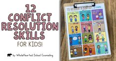 a clipboard with the words conflict resolution skills on it and an image of children's faces