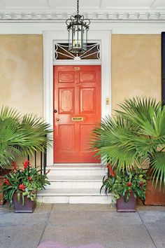 a red door and some potted plants in front of it