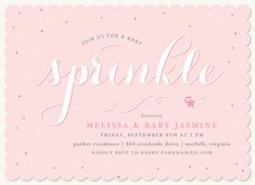 a pink and white baby shower party with polka dots on the border, scalloped text that says sprinkle