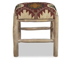 a wooden stool with a colorful cushion on it