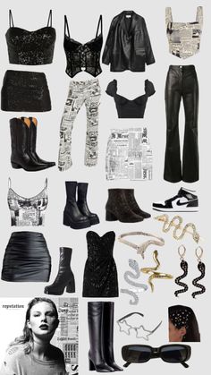 a collage of black and white photos with clothes, shoes and accessories on them