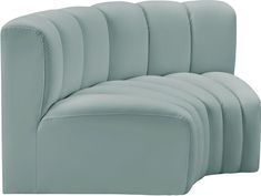 an upholstered sofa with five curved backrests in light blue leather, viewed from the front