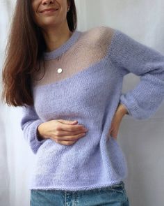 "Delicate, romantic and stylish jumper. Double neck, translucent yoke and long sleeve. The perfect combination of different textures makes it moderately fluffy and weightless. COMPOSITION: 100% merino wool, mohair on silk SIZE :   S / M / L (inches): S  width 18,5\" ( chest 33,8-35,4\") M width 19,3\" ( chest 35,4-37\") L  width  20,1\" ( chest 37-38,6\") (metric system): S  width 47cm ( chest 86-90) M width 49cm ( chest 90-94) L  width  51cm (chest 94-98) MADE TO ORDER: Each item is handmade. We begin to produce immediately after receiving payment. The current lead time is 1-2 weeks. >>To see more knitted clothes, please visit our store: https://www.etsy.com/shop/CozyKnitwear4U?ref=seller-platform-mcnav Thank you for visiting , if you have any questions please don't hesitate to contact ." Sheer Long Sleeve Sweater For Spring, Sheer Long Sleeve Sweater For Fall, Winter Crew Neck Top With Sheer Sleeves, Winter Sheer Sleeves Crew Neck Top, Fluffy Jumper, Jumper For Women, Hand Knit Sweater, Metric System, Wool Jumper