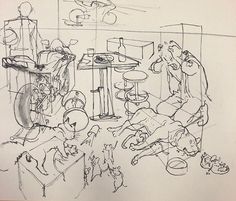 a drawing of people in a kitchen with cats and dogs around the table, looking at food