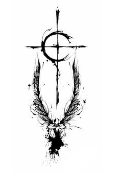 an ink drawing of a cross and some feathers