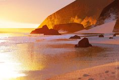 the sun shines brightly on an icy beach with rocks and boulders in the foreground