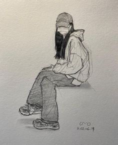 a drawing of a person sitting on the ground with their head down and wearing a hat