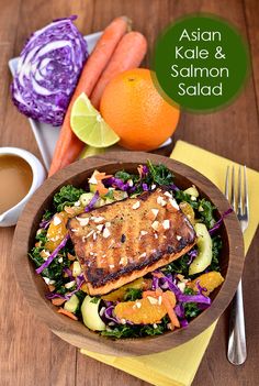 Asian Kale  Salmon Salad  - this sounds amazing. To make vegetarian, I'd replace the salmon with marinated tofu and sear it in safflower oil. Yum! Asian Kale Salad, Asian Kale, Lettuce Salads, Salad Asian, Salad Salmon, Iowa Girl Eats, Salmon Salad, Savory Recipes, Kale Salad