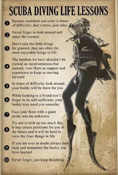 scuba diving life lessons poster with an image of a woman in wetsuit and boots