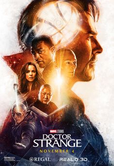 the poster for doctor strange starring actors from various eras and ages, with an image of two