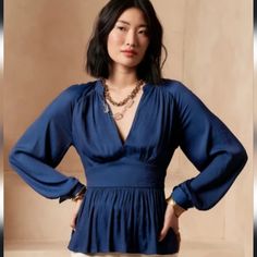 Banana Republic Blue Blouse With Empire Waist Elegant Blue Blouse For Day Out, Blue Fitted Versatile Blouse, Versatile Fitted Blue Blouse, Fitted Blue Versatile Blouse, Elegant Blue Blouse For Brunch, Chic Blue Tops For Brunch, Chic Blue Top For Brunch, Blue Velvet Top, Blue Peplum Top