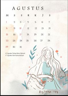 a calendar with a drawing of a woman holding a watering can