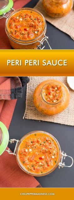 two pictures showing different types of sauces in glass jars with spoons on the side