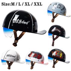 six different types of motorcycle helmets are shown